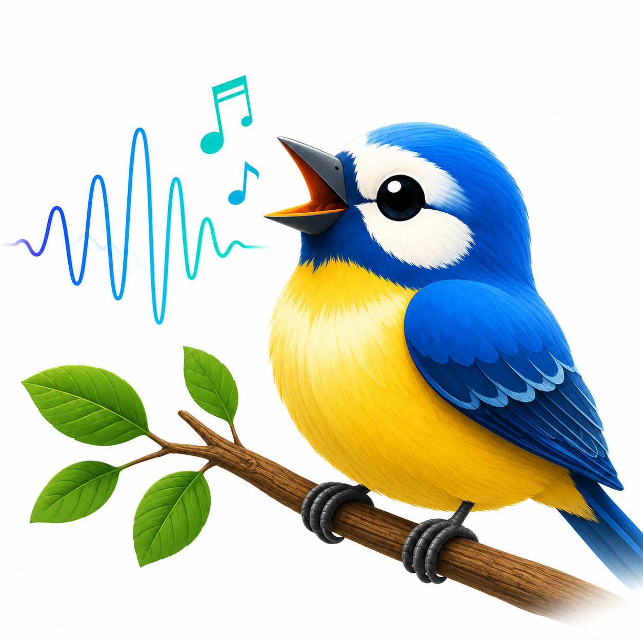 Birdly mascot — singing blue tit on a branch